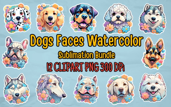 Download Dogs Faces Watercolor Sublimation Bundle - Dog Collection