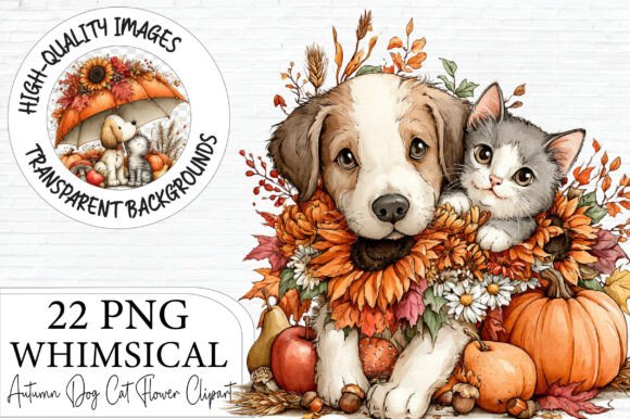 Download Whimsical Autumn Dog and Cat Clipart - Dog Collection