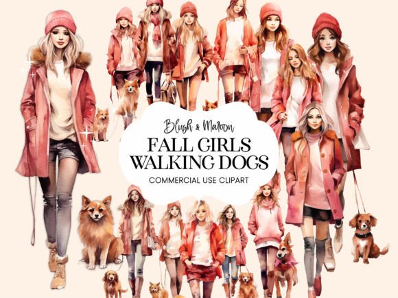 Download Autumn Girls Walking Dogs Fall Clipart - Dog Collection